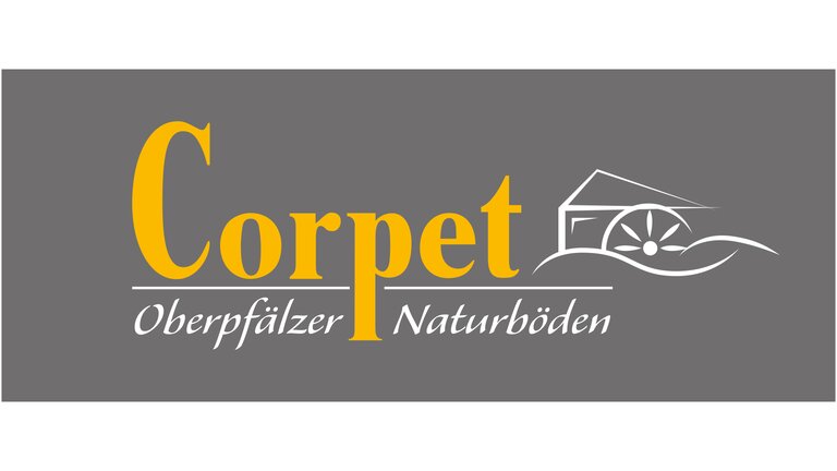 Das Firmenlogo der Corpet Cork GmbH Corpet geschrieben in gelb und darunter Oberpfälzer Naturböden in weiß. Alles auf grauem Grund und rechts daneben ein Wassermühle